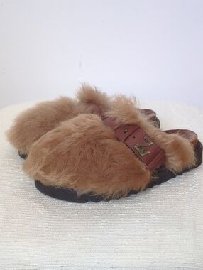Zadig & Voltaire Alpha Mules Tan Fuzzy Fur Slides
